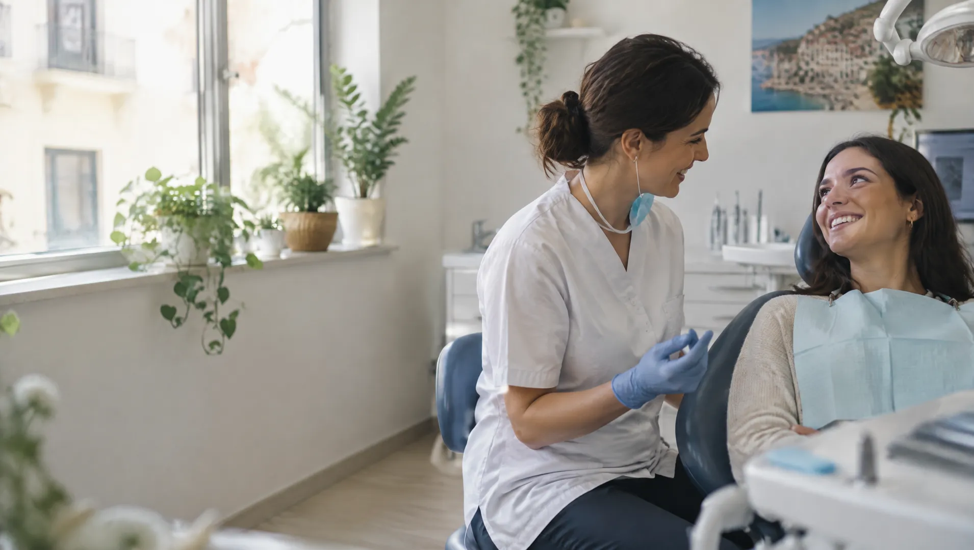 Higienista dental hablando con una paciente sonriente en una clínica luminosa