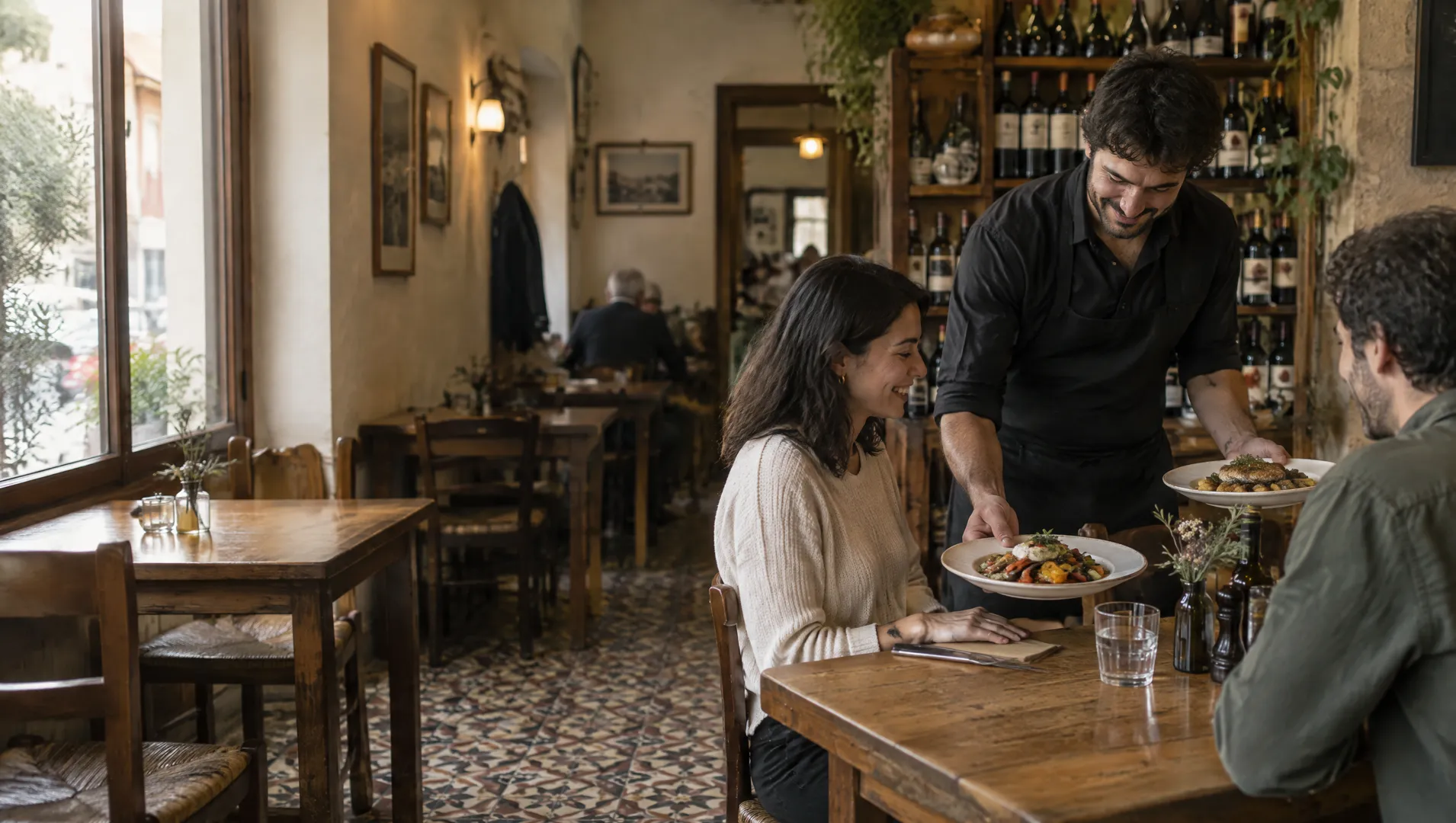 Camarero sirviendo un plato a una pareja en un restaurante acogedor
