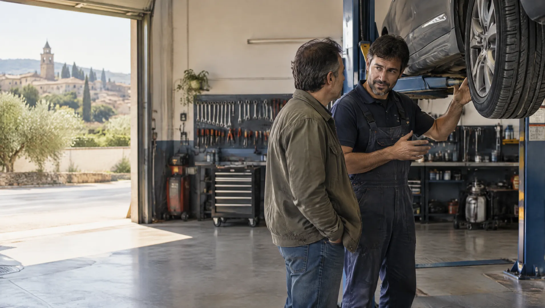 Mecánico explicando una reparación a un cliente junto a un coche elevado