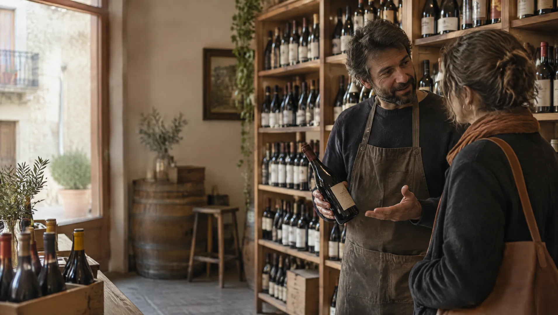 Dependiente de una tienda de vinos aconsejando a una clienta entre estanterías de madera